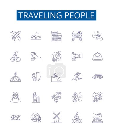 Illustration for Traveling people line icons signs set. Design collection of Travellers, Voyagers, explorers, globetrotters, wanderers, vagabonds, wayfarers, nomads outline vector concept illustrations - Royalty Free Image