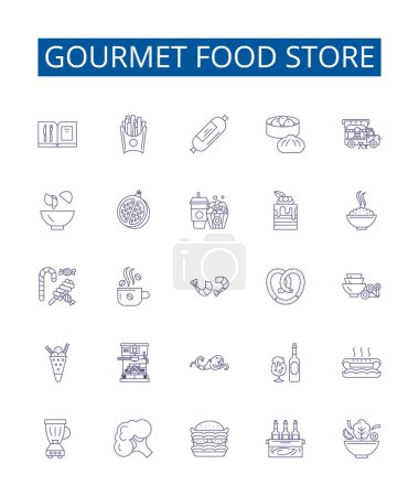 Ilustración de Gourmet línea de tiendas de alimentos iconos conjunto de signos. Diseño de la colección de Gourmet, Comida, Tienda, Delicados, Abarrotes, Cocina, Especialidad, Gourmand esquema vector concepto ilustraciones - Imagen libre de derechos