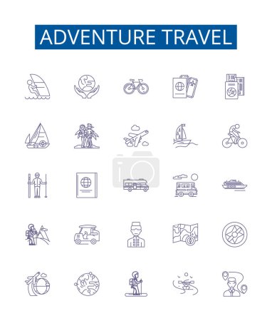 Illustration for Adventure travel line icons signs set. Design collection of Hiking, Trekking, Canoeing, Camping, Skiing, Kayaking, Rafting, Climbing outline vector concept illustrations - Royalty Free Image