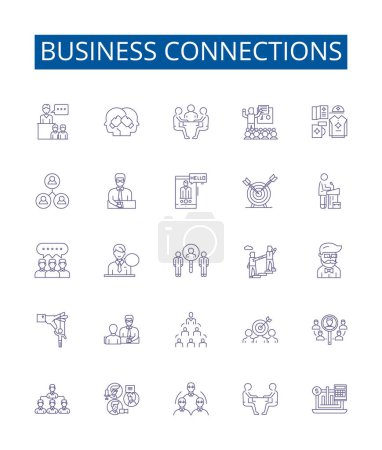 Illustration for Business connections line icons signs set. Design collection of Networking, Linkages, Partnerships, Alliances, Relationships, Collaborations, Contacts, Connections outline vector concept illustrations - Royalty Free Image