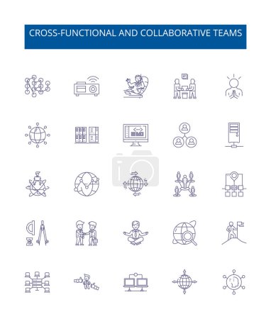 Illustration for Cross-functional and collaborative teams line icons signs set. Design collection of Collaborative, Cross functional, Teams, Integration, Cooperation, Multidisciplinary, Involvement, Interdisciplinary - Royalty Free Image