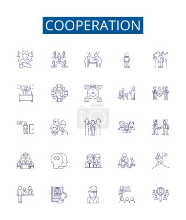 Línea de cooperación iconos signos establecidos. Diseño de la colección de Colaboración, Acuerdo, Alianza, Unión, Consenso, Compromiso, Amistad, Afinidad esquema vector concepto ilustraciones