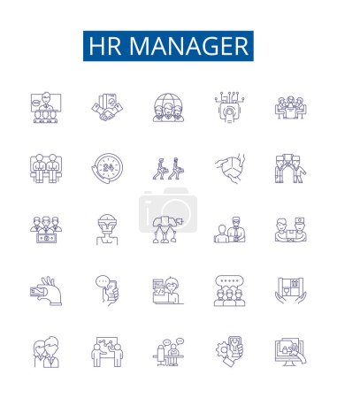 Illustration for Hr manager line icons signs set. Design collection of HR, Manager, Human, Resources, Recruiting, Hiring, Training, Retention outline vector concept illustrations - Royalty Free Image