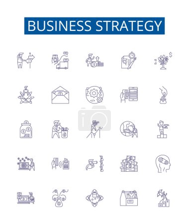 Illustration for Business strategy line icons signs set. Design collection of Planning, Innovation, Operational, Execution, Planning, Market, Customer, Financial outline vector concept illustrations - Royalty Free Image