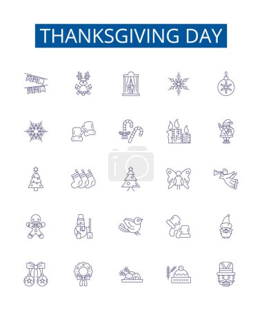 Illustration for Thanksgiving day line icons signs set. Design collection of Thanksgiving, Day, Turkey, Feast, Gratitude, Pilgrims, Indians, Cornucopia outline vector concept illustrations - Royalty Free Image