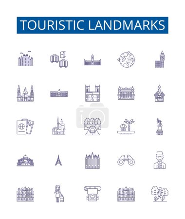 Illustration for Touristic landmarks line icons signs set. Design collection of Tourist, Landmarks, Monuments, Palaces, Churches, Castles, Ruins, Statues outline vector concept illustrations - Royalty Free Image