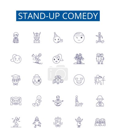Illustration for Stand-up comedy line icons signs set. Design collection of Humor, Jokes, Comedians, Spoofs, Punchlines, Laughing, Monologue, Wits outline vector concept illustrations - Royalty Free Image