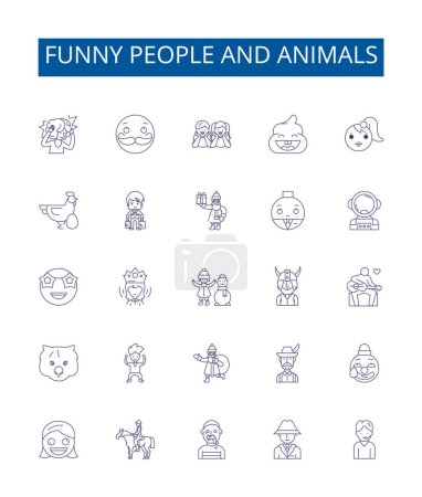 Illustration for Funny people and animals line icons signs set. Design collection of Humorous, Comical, Amusing, Clowning, Witty, Waggish, sportive, Farce outline vector concept illustrations - Royalty Free Image