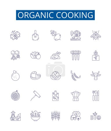 Illustration for Organic cooking line icons signs set. Design collection of Organic, Cooking, Cuisine, Dining, Healthy, Vegan, Plant Based, Biodynamic outline vector concept illustrations - Royalty Free Image