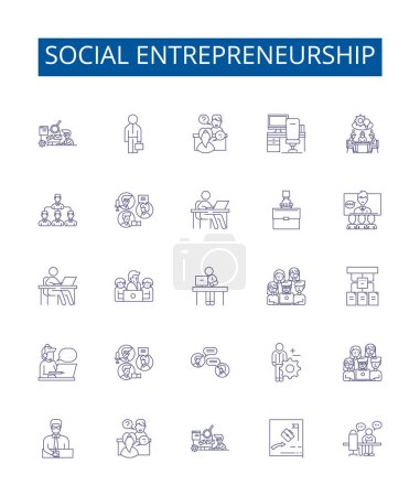 Illustration for Social entrepreneurship line icons signs set. Design collection of Social, Entrepreneurship, Networking, Initiative, Impact, Community, Charitable, Empowerment outline vector concept illustrations - Royalty Free Image