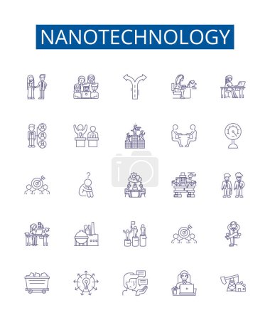 Téléchargez les illustrations : Icônes de la ligne de nanotechnologie signes ensemble. Collection design de Nano, Technologie, Nanomatériaux, Nanoparticules, Nanoélectronique, Nanomédecine, Nanobots, Nanofabrication esquisse vectorielle concept illustrations - en licence libre de droit