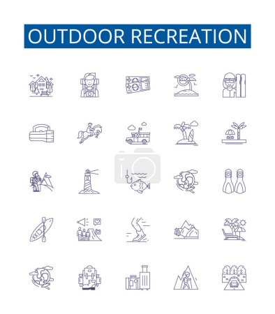 Illustration for Outdoor recreation line icons signs set. Design collection of Hiking, Camping, Fishing, Kayaking, Boating, Cycling, Climbing, Hunting outline vector concept illustrations - Royalty Free Image