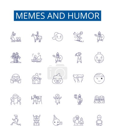 Illustration for Memes and humor line icons signs set. Design collection of Memes, Humor, Comedy, Laughs, Jokes, Pranks, Quips, Comedy outline vector concept illustrations - Royalty Free Image