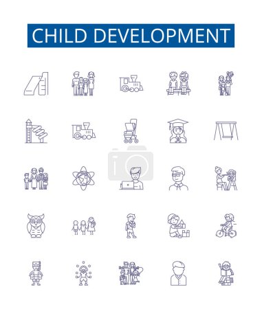 Línea de desarrollo infantil iconos signos conjunto. Diseño de la colección de Infantil, Niño pequeño, Cognitivo, Social, Emocional, Lenguaje, Motor, Comportamiento esquema vector concepto ilustraciones