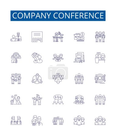 Illustration for Company conference line icons signs set. Design collection of Convention, Event, Forum, Meeting, Gathering, Seminar, Summit, Symposium outline vector concept illustrations - Royalty Free Image