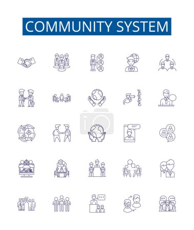 Illustration for Community system line icons signs set. Design collection of Social, Network, Relationships, Platform, Connections, Interaction, Support, Participation outline vector concept illustrations - Royalty Free Image