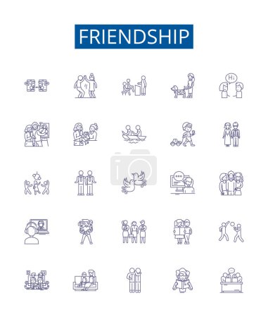 Illustration for Friendship line icons signs set. Design collection of Bonding, Companionship, Alliance, Fellow feeling, Support, Fellowship, Unity, Affinity outline vector concept illustrations - Royalty Free Image