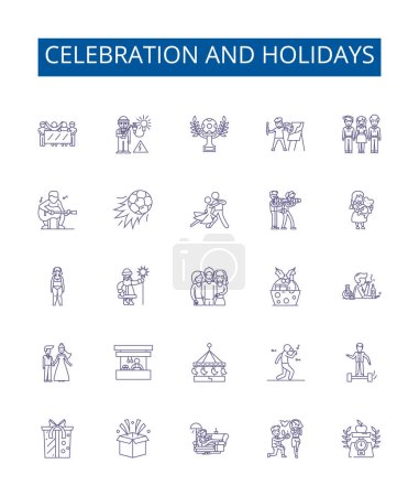 Ilustración de Celebración y días festivos línea iconos signos establecidos. Diseño de la colección de Festivales, Celebraciones, Fiestas, Fiesta, Alegría, Alegría, Felicidad, Reuniones esquema concepto vectorial ilustraciones - Imagen libre de derechos