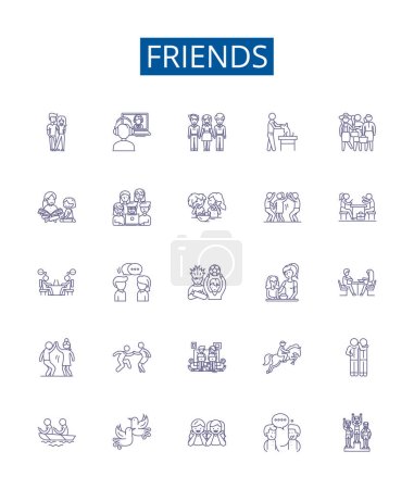 Illustration for Friends line icons signs set. Design collection of companions, pals, peers, associates, companionship, buddies, confidants, comrades outline vector concept illustrations - Royalty Free Image