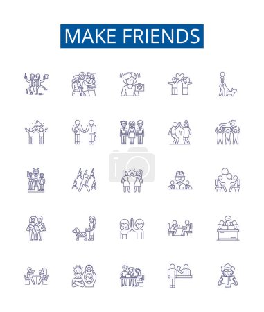Illustration for Make friends line icons signs set. Design collection of Connect, Mingle, Socialize, Acquaint, Network, Associate, Join, Unite outline vector concept illustrations - Royalty Free Image
