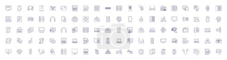 Ilustración de Gadgets línea iconos signos establecidos. Diseño de la colección de dispositivos, electrónica, electrodomésticos, herramientas, tecnología, juguetes, iPhones, computadoras esbozan ilustraciones concepto vectorial - Imagen libre de derechos