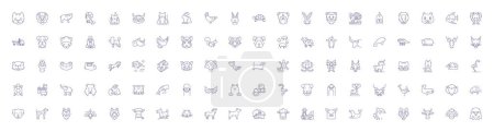 Ilustración de Lindos animales línea iconos signos conjunto. Diseño de la colección de peludos, gatitos, cachorros, esponjoso, cachorro, cornudo, oso, conejito esquema vector concepto ilustraciones - Imagen libre de derechos