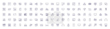 Illustration for Computer and gadjets line icons signs set. Design collection of Hardware, Software, Networking, Laptops, Monitors, Printers, Scanners, Routers outline vector concept illustrations - Royalty Free Image