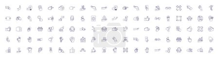 Illustration for Hands gestures set line icons signs set. Design collection of Gesticulate, Waving, Pointing, Grasping, Clasping, Signaling, Flourishing, Flicking outline vector concept illustrations - Royalty Free Image
