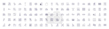 Illustration for House interior line icons signs set. Design collection of Furnishings, Decor, Walls, Lighting, Ceiling, Flooring, Carpeting, Window outline vector concept illustrations - Royalty Free Image