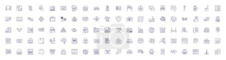 Ilustración de Línea de hardware iconos signos establecidos. Diseño de la colección de hardware, componentes, dispositivos, CPU, placas base, RAM, GPU, BIOS esquema concepto de vectores ilustraciones - Imagen libre de derechos