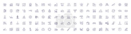 Illustration for Budget travel line icons signs set. Design collection of Cheap, Budget, Affordable, Frugal, Economy, Discount, Pursue, Thrifty outline vector concept illustrations - Royalty Free Image