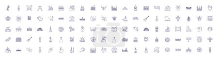 Illustration for Culture and landmarks line icons signs set. Design collection of tradition, heritage, architecture, sculpture, monuments, art, ritual, folklore outline vector concept illustrations - Royalty Free Image