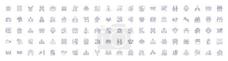 Illustration for Company conference line icons signs set. Design collection of Convention, Event, Forum, Meeting, Gathering, Seminar, Summit, Symposium outline vector concept illustrations - Royalty Free Image