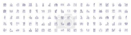 Ilustración de Conjunto de letreros de iconos de línea familiar grande. Diseño de la colección de grandes, Clan, Extendido, Kin, Hogar, Clan, Brood, Ilustraciones de concepto de vector de contorno de tribu - Imagen libre de derechos