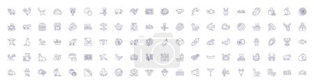 Illustration for Meat and vegetables line icons signs set. Design collection of meat, vegetables, protein, nutrition, diet, health, wellness, cooking outline vector concept illustrations - Royalty Free Image