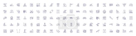 Illustration for Outdoor adventures line icons signs set. Design collection of Trekking, Hiking, Camping, Kayaking, Canoeing, Rock Climbing, Mountain Biking, Abseiling outline vector concept illustrations - Royalty Free Image
