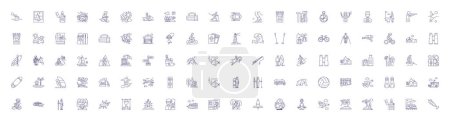 Illustration for Outdoor hobbies line icons signs set. Design collection of Hiking, Camping, Fishing, Hunting, Climbing, Kayaking, Canoeing, Surfing outline vector concept illustrations - Royalty Free Image