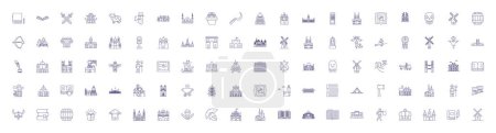 Illustration for Medieval attractions line icons signs set. Design collection of Castles, Dungeons, Weapons, Armor, Cathedrals, Monasteries, Forts, Siege outline vector concept illustrations - Royalty Free Image