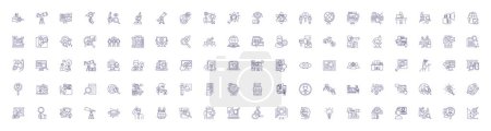 Illustration for Searching people line icons signs set. Design collection of Find, Seek, Locate, Hunt, Uncover, Track, Trace, Scan outline vector concept illustrations - Royalty Free Image