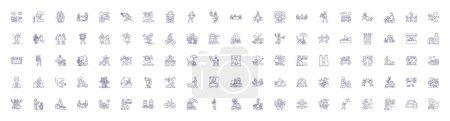 Illustration for Recreational industry line icons signs set. Design collection of Hiking, Boating, Skiing, Fishing, Camping, Swimming, Surfing, Kayaking outline vector concept illustrations - Royalty Free Image
