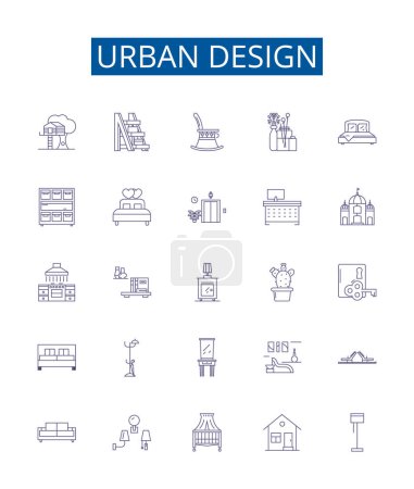 Illustration for Urban design line icons signs set. Design collection of Urban, Design, Architecture, Placemaking, City, Streetscape, Landscape, Sustainability outline vector concept illustrations - Royalty Free Image