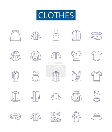 Illustration for Clothes line icons signs set. Design collection of Garment, Outfit, Apparel, Clothing, Dress, Suit, Shawl, Skirt outline vector concept illustrations - Royalty Free Image