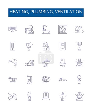 Illustration for Heating, plumbing, ventilation line icons signs set. Design collection of heating, plumbing, ventilation, HVAC, system, installation, maintenance, repair outline vector concept illustrations - Royalty Free Image