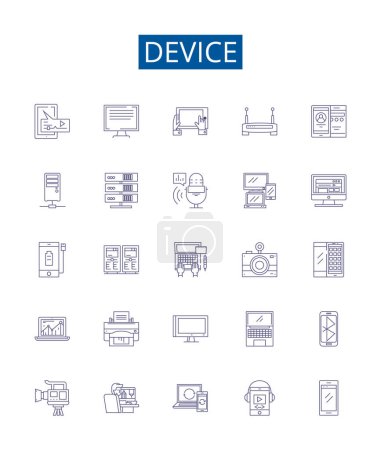 Illustration for Device line icons signs set. Design collection of Device, Gadget, Tool, Equipment, Implement, Gizmo, Contraption, Mechanism outline vector concept illustrations - Royalty Free Image