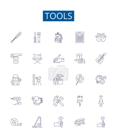 Illustration for Tools line icons signs set. Design collection of Spanner, Wrench, Hammer, Pliers, Drill, Saw, Screwdriver, Ruler outline vector concept illustrations - Royalty Free Image
