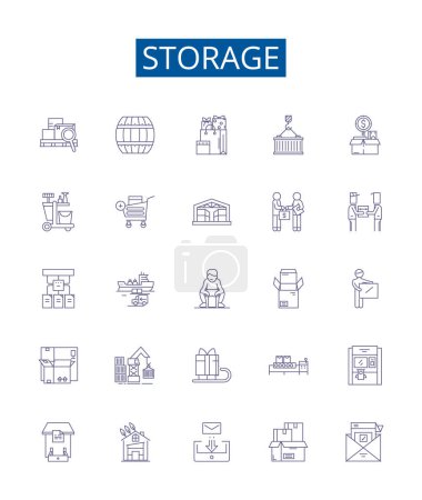 Illustration for Storage line icons signs set. Design collection of Storage, preservation, stocking, stockpiling, keeping, cache, collection, containment outline vector concept illustrations - Royalty Free Image