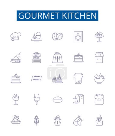 Gourmet-Küche Linie Symbole Zeichen gesetzt. Design-Sammlung von Kochen, Haushaltsgeräte, Arbeitsplatten, Backsplash, Schränke, Kochplatte, Insel, Bereich umreißen Vektor-Konzept Illustrationen