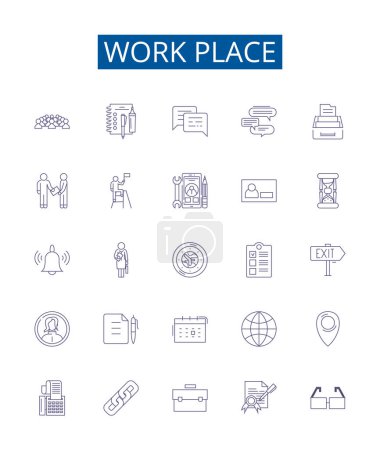 Illustration for Work place line icons signs set. Design collection of Office, Cubicle, Environment, Desk, Facility, Occupation, Career, Opportunity outline vector concept illustrations - Royalty Free Image