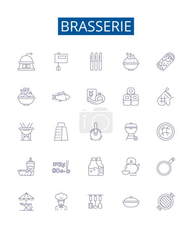 Illustration for Brasserie line icons signs set. Design collection of Brewery, Bistro, Gastropub, Pub, Winebar, Ales, Lagers, Hops outline vector concept illustrations - Royalty Free Image