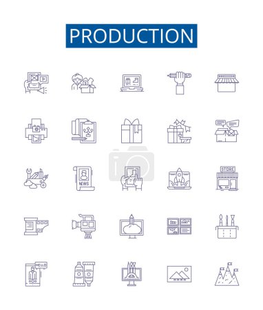 Illustration for Production line icons signs set. Design collection of Producing, Manufacturing, Output, Generating, Fabricating, Making, Creating, assembling outline vector concept illustrations - Royalty Free Image